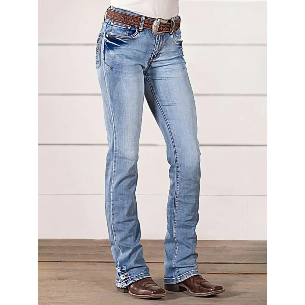 Boot Cut Women Jeans Mid Waist Straight Leg Denim Pants Casual Trendy